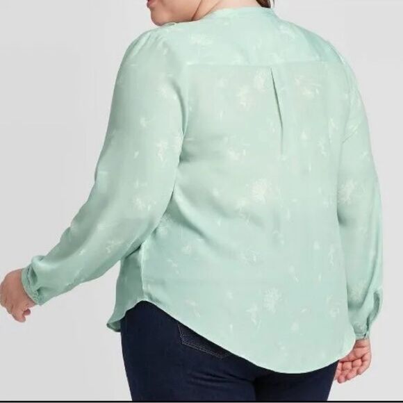 NWT Green Floral Long Sleeve Aqua V Neck Blouse long Sleeve Sz 3X - Picture 2 of 7